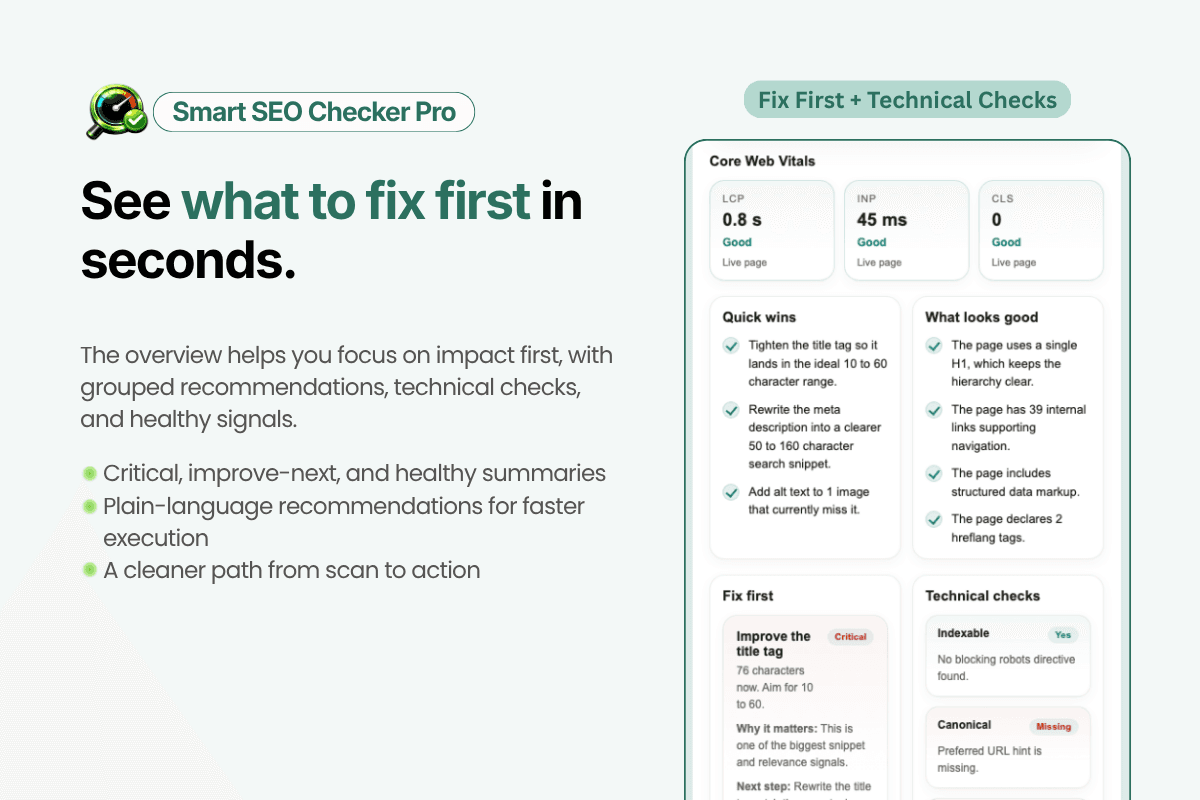 Fix First view with Core Web Vitals, quick wins, and technical checks