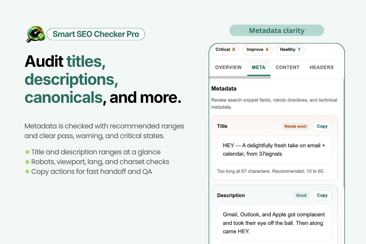 Metadata audit showing title, description, canonicals with clarity ratings