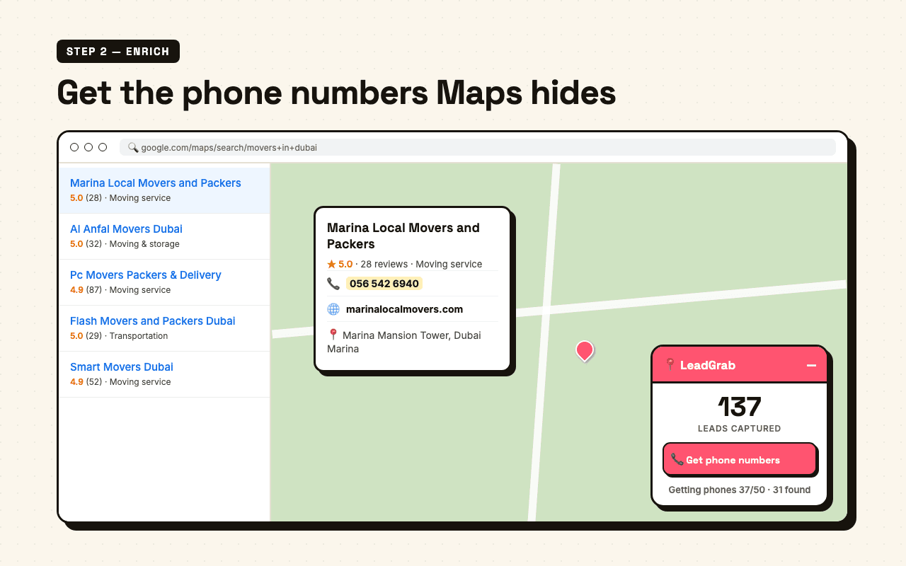 LeadGrab pulling a phone number from a Google Maps business detail panel