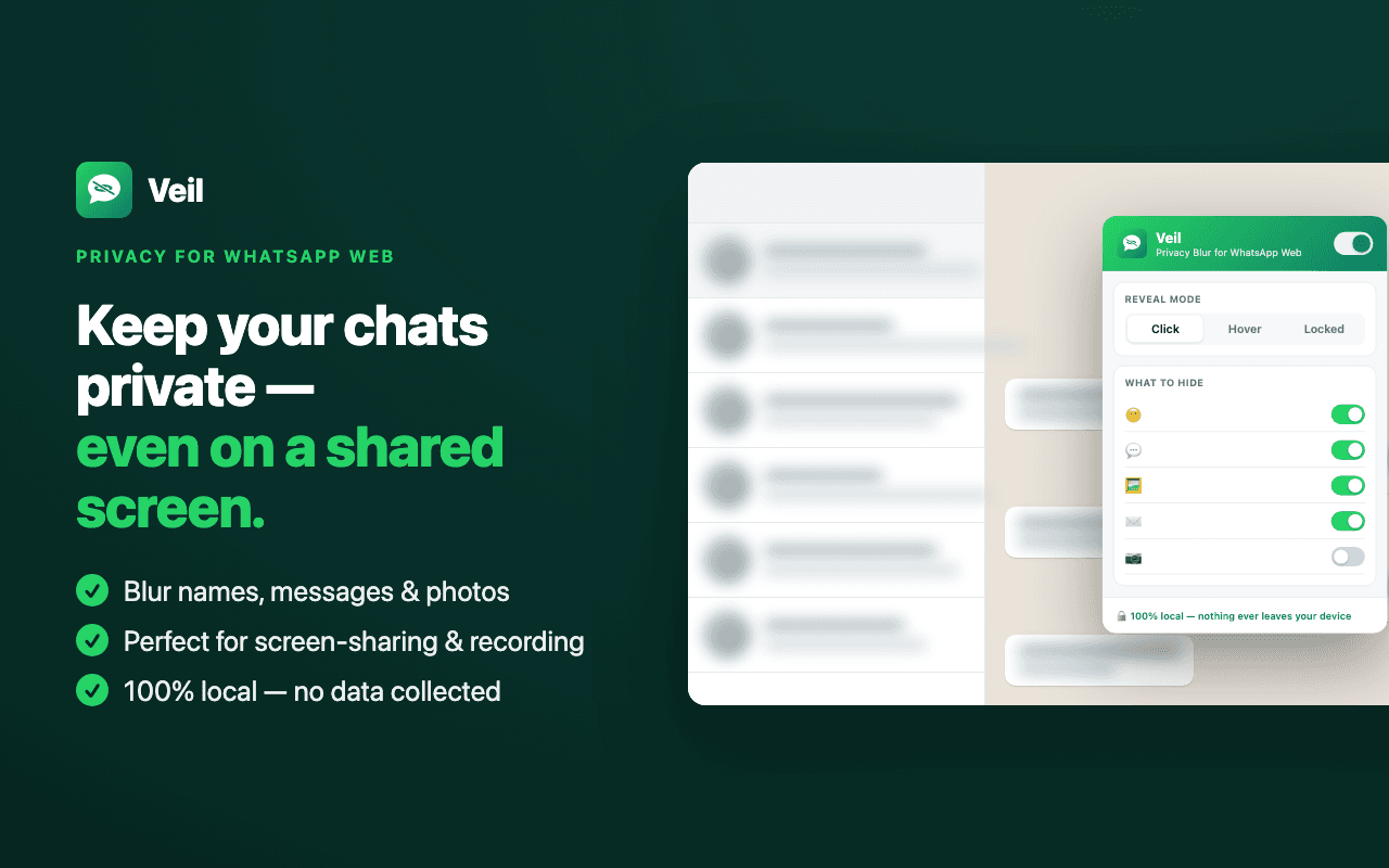 Veil blurring names and messages on WhatsApp Web during a screen-share