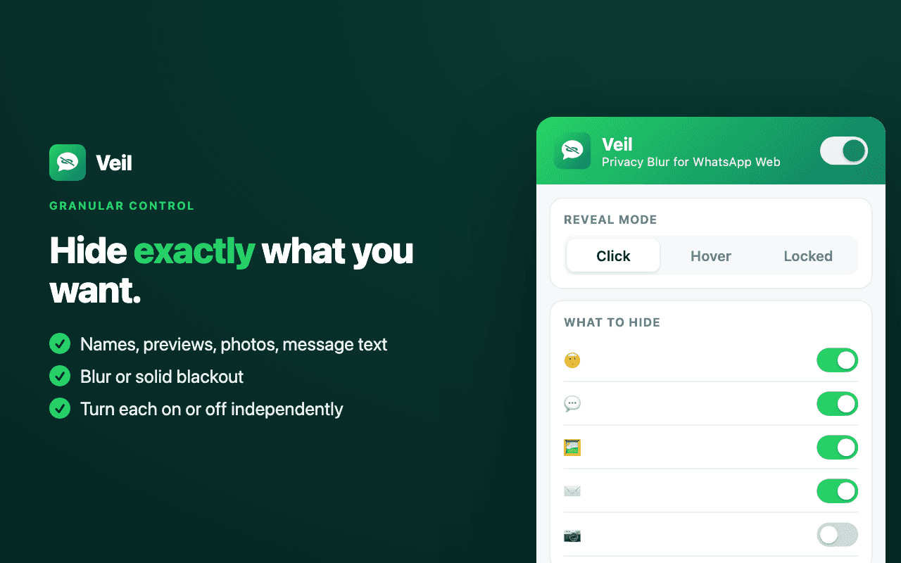 Veil popup with granular toggles for names, previews, photos, and message text