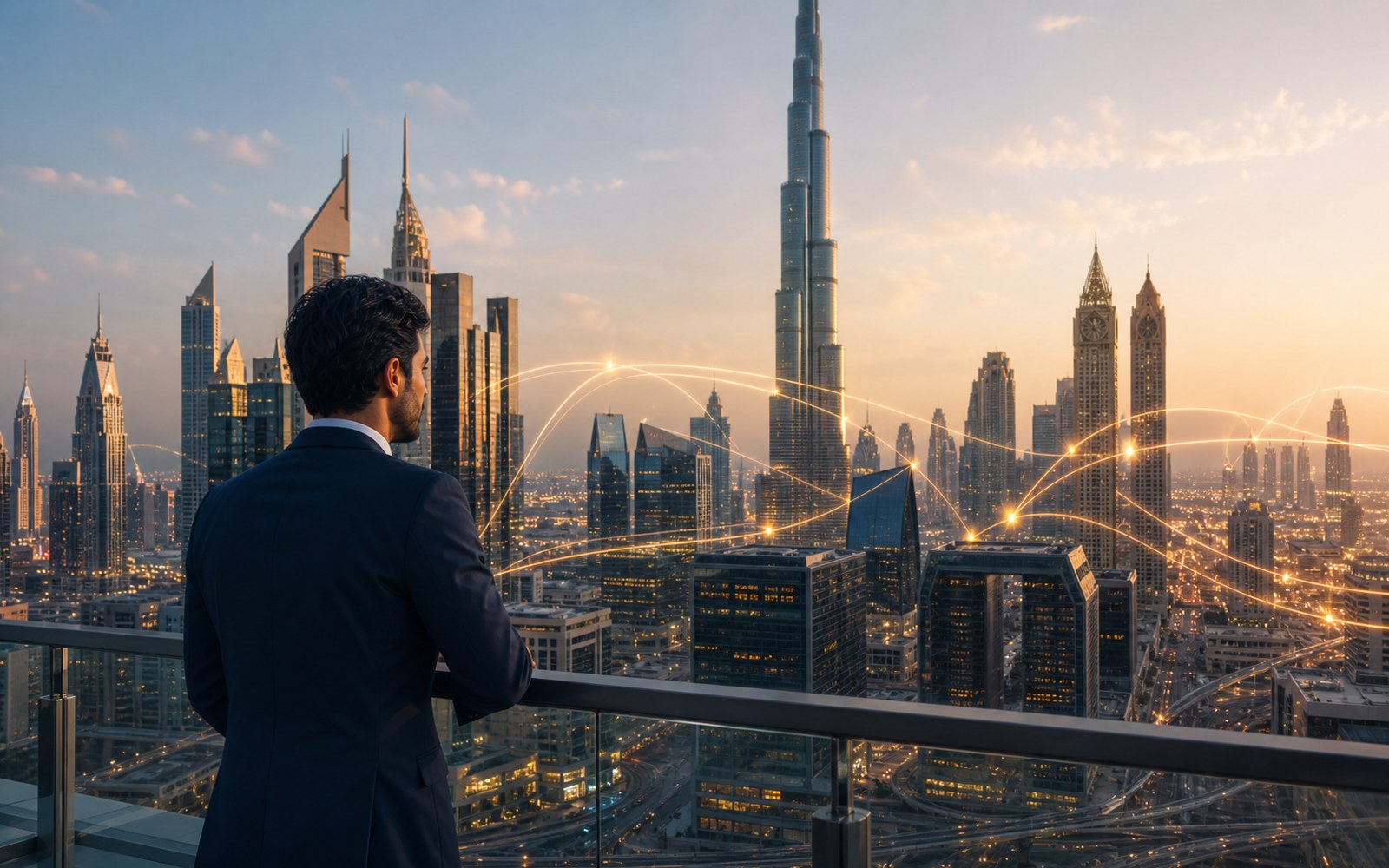 Dubai at dusk — the Burj Khalifa and Burj Al Arab beneath a rising growth curve