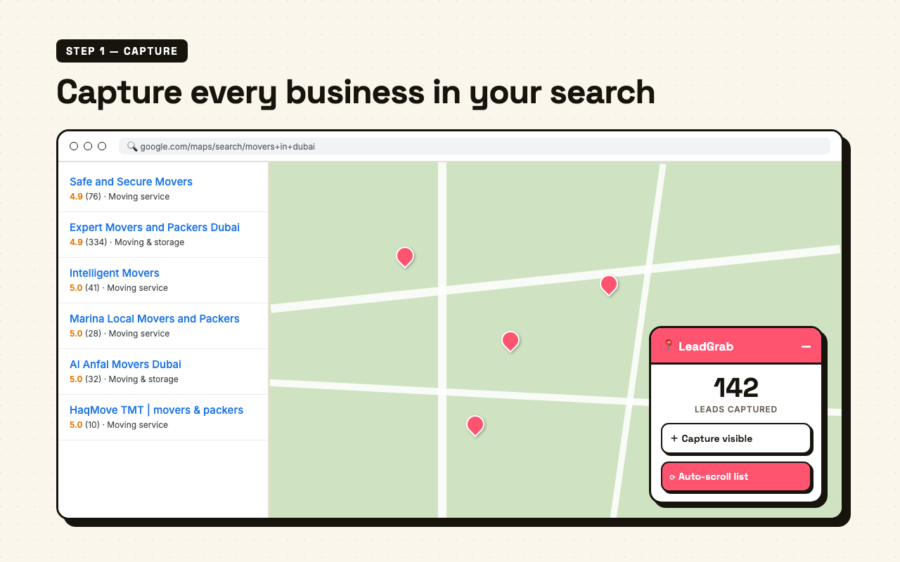 LeadGrab Chrome extension capturing Google Maps business results in one click