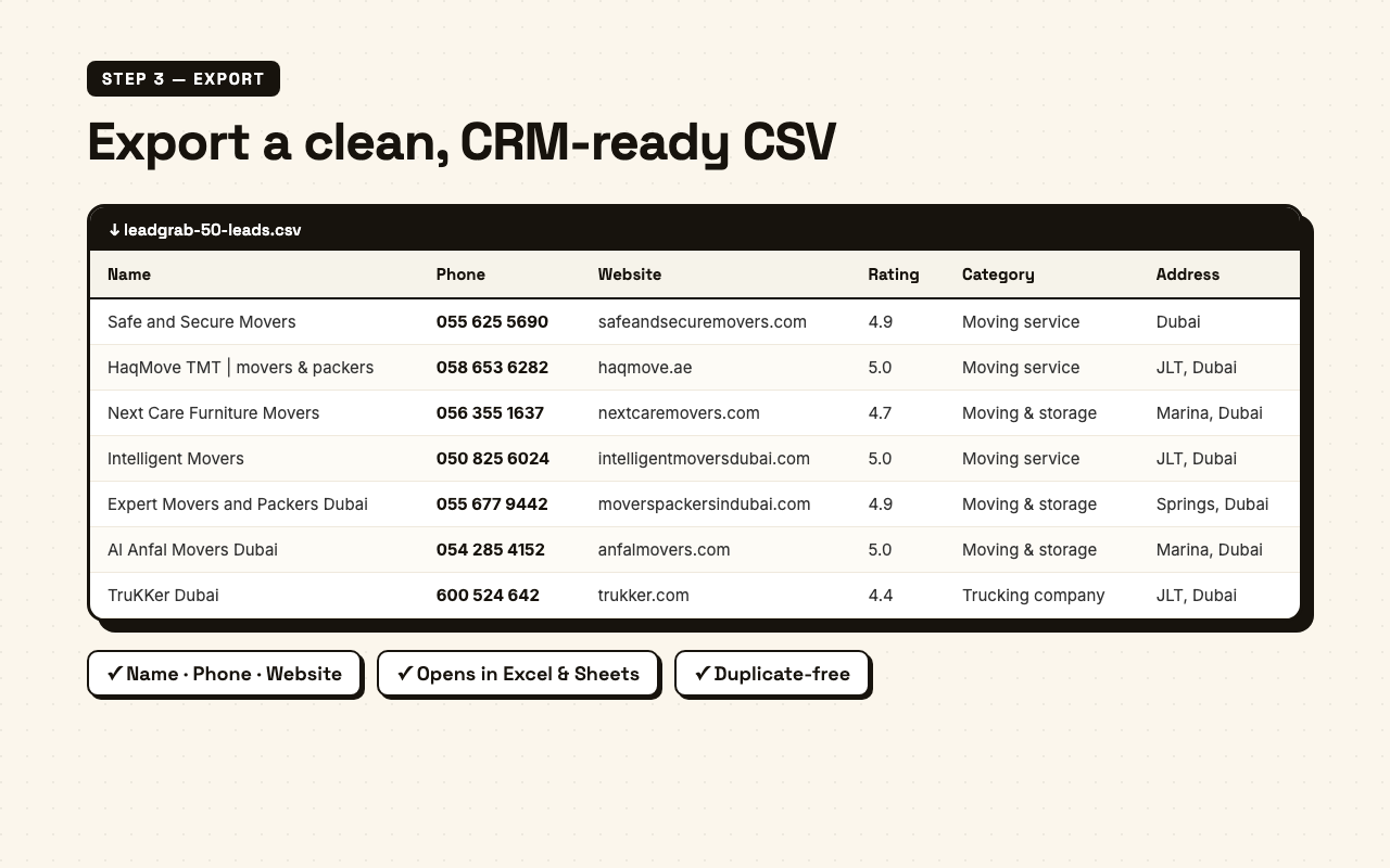A clean CSV of Google Maps leads exported with business name, phone, website, rating and address columns