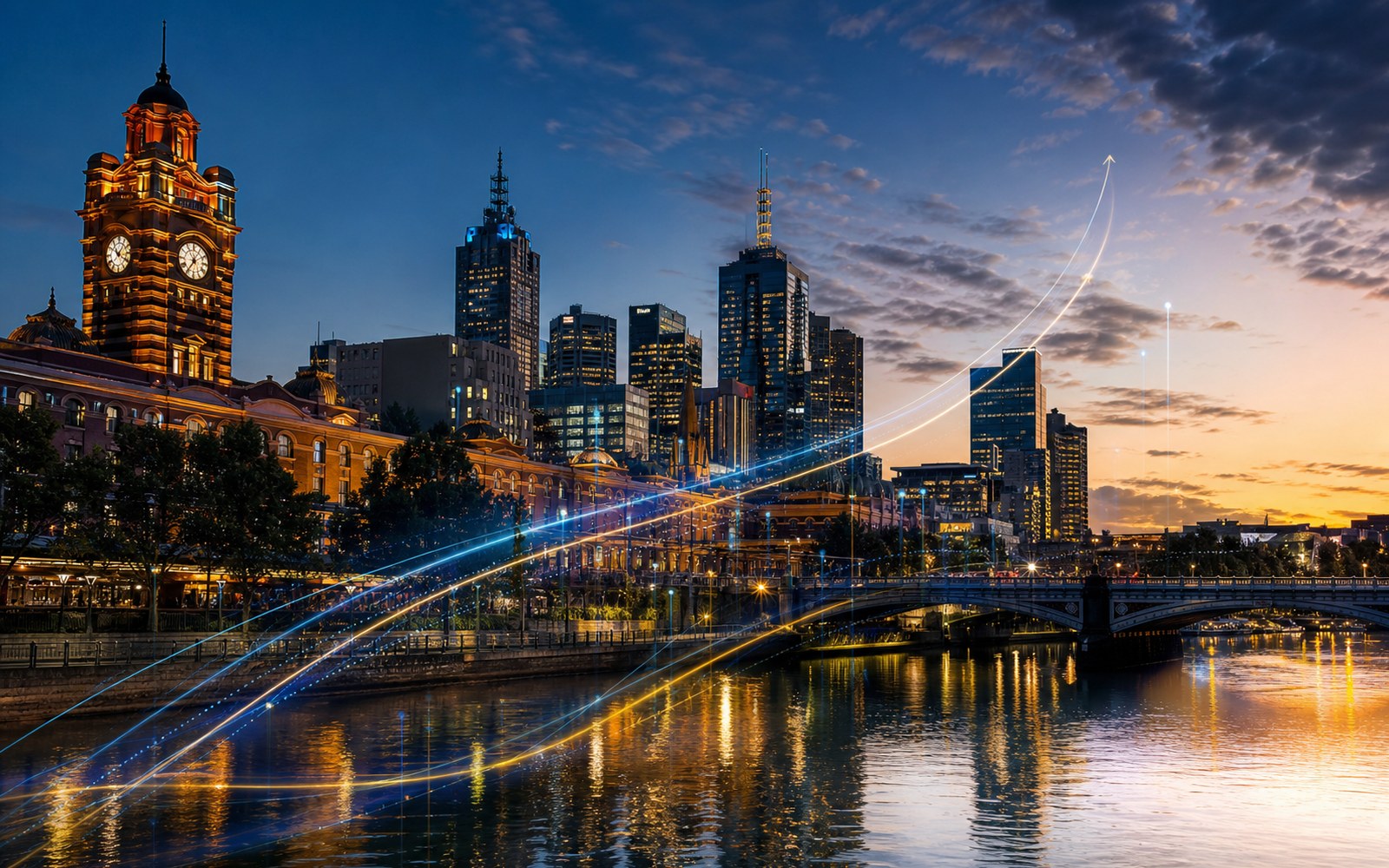 Melbourne at dusk — the Yarra riverfront skyline and Flinders Street clocktower beneath a rising growth curve
