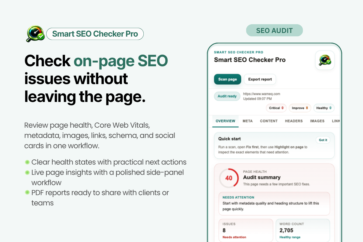 Smart SEO Checker Pro side panel showing an SEO audit score, health checks, and page-level diagnostics