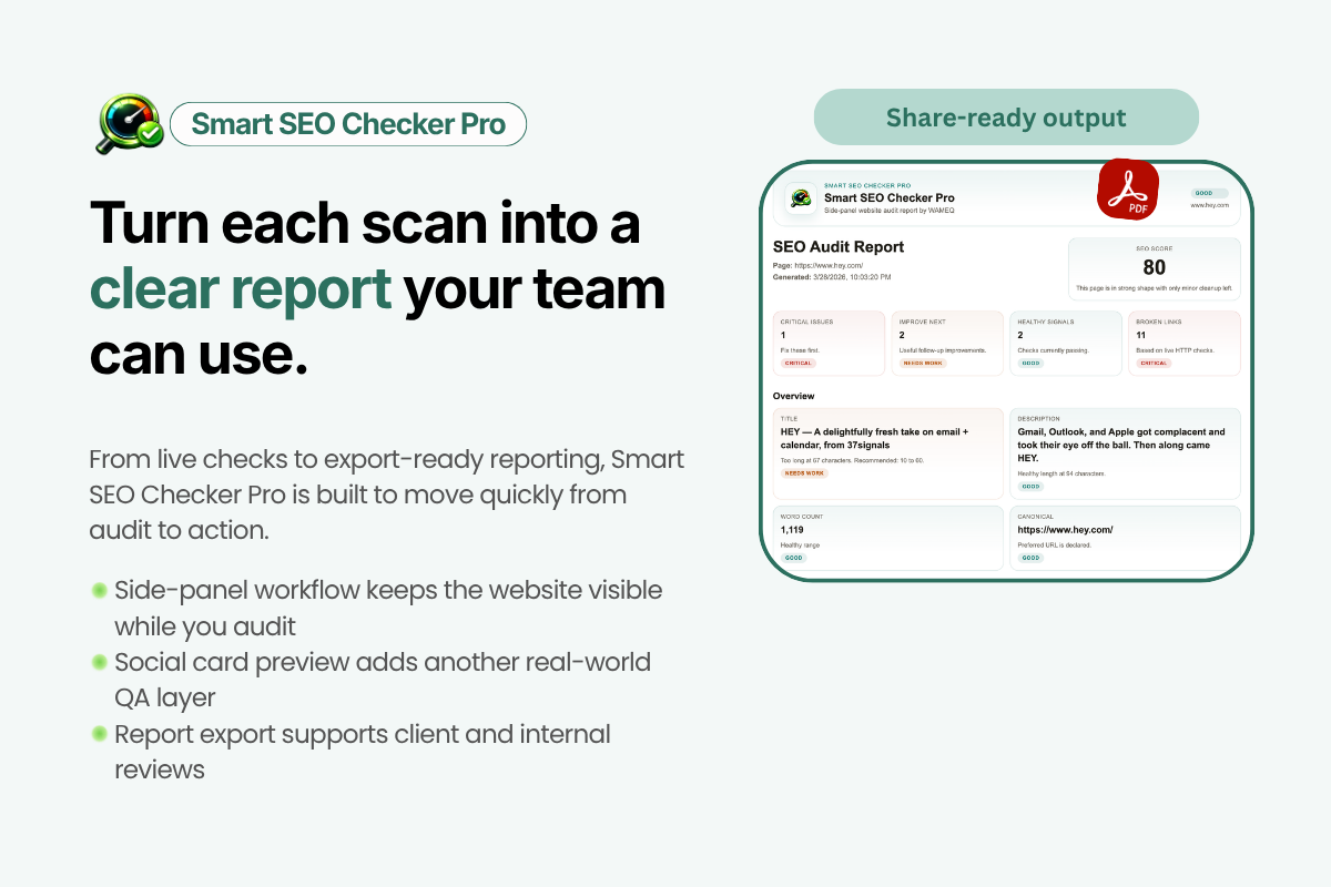 Smart SEO Checker Pro final audit and reporting view with prioritised fixes and export-ready output